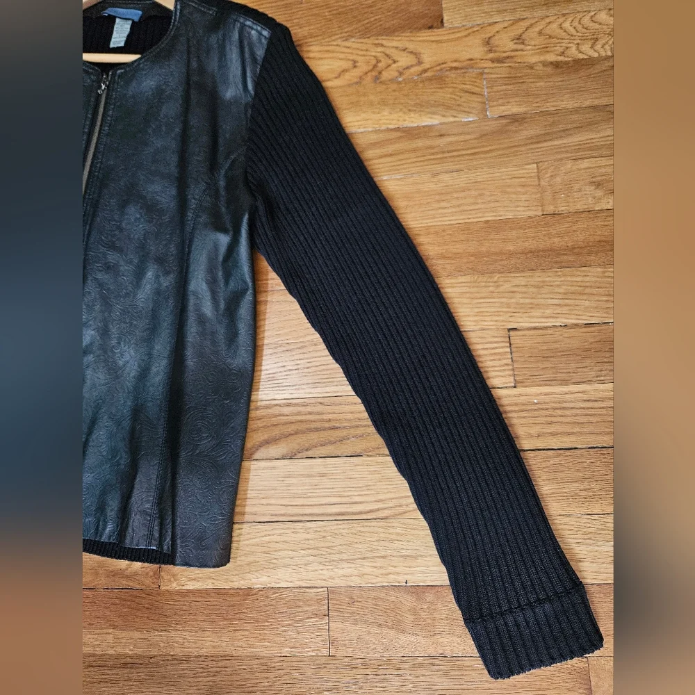 Provence d'Amour Black Leather Knit Jacket L Embossed Floral Zip Front
